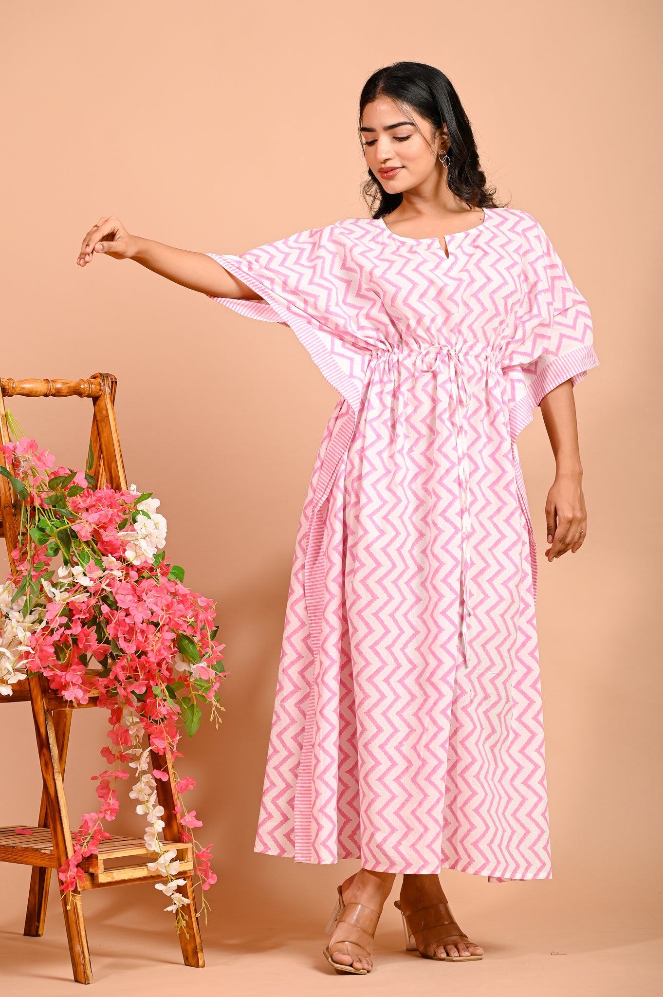 Pink Zigzag  Handcrafted Long Cotton Kaftan / maxi / nighty