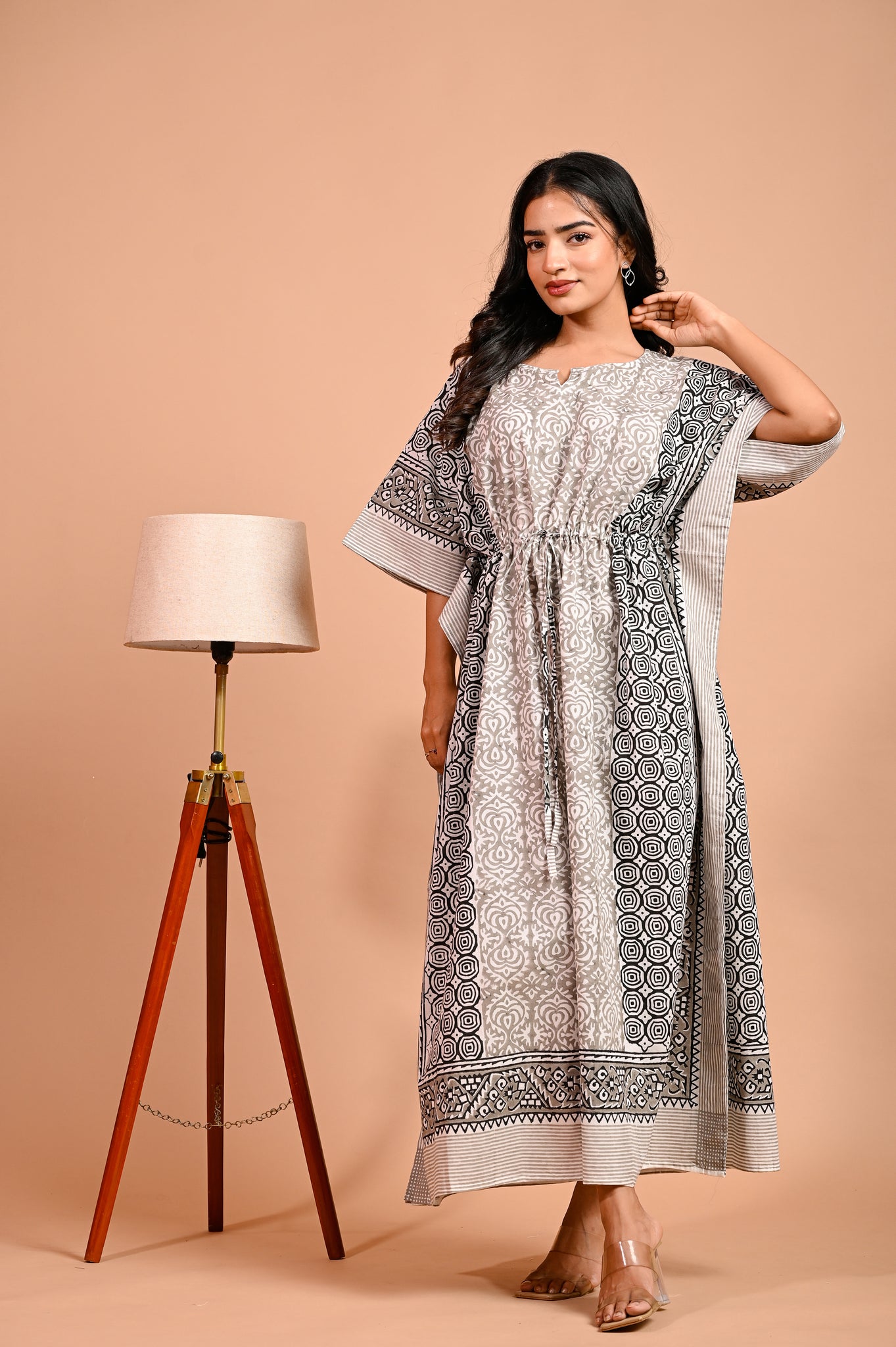 Arabic Net black Border Handcrafted  long Cotton Kaftan / maxi / nighty