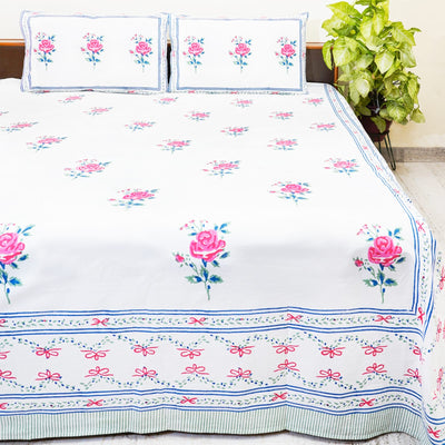 ROSY RETREAT HAND BLOCK PRINT LINEN/BEDSHEET WITH RED ROSE AND GREEN LEAVES W/PILLOW COVERS KING SIZE -275cm*275cm)