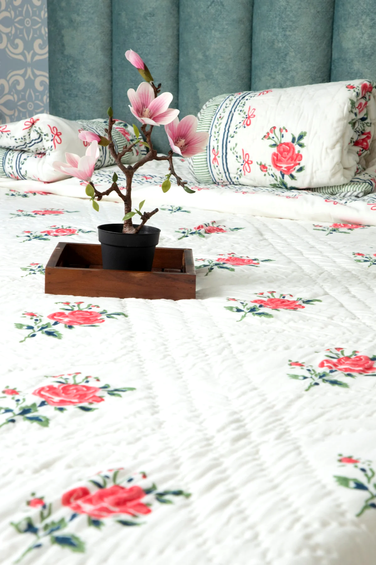 Red & Green Rose vine Duvet / handcrafted cotton Quilt  (King)