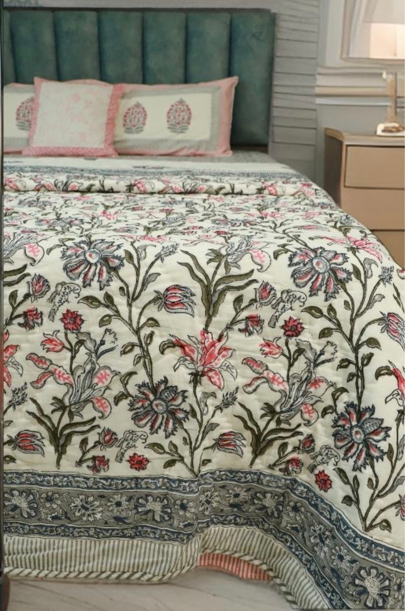 Artisan Touch (AC) Cotton Heritage Quilt/Duvet With Multicolour Flower Mesh Hand Block Print(Queen)