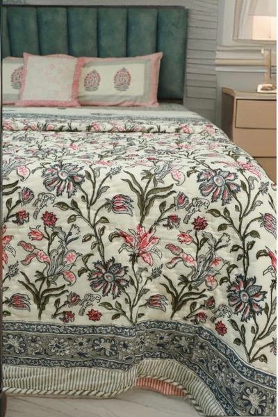 Artisan Touch (AC) Cotton Heritage Quilt/Duvet With Multicolour Flower Mesh Hand Block Print(Queen)