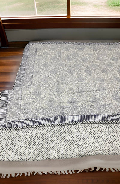 Artisan Touch Cotton Heritage Quilt/Duvet With Indigo Flower Hand Block Print (Queen)