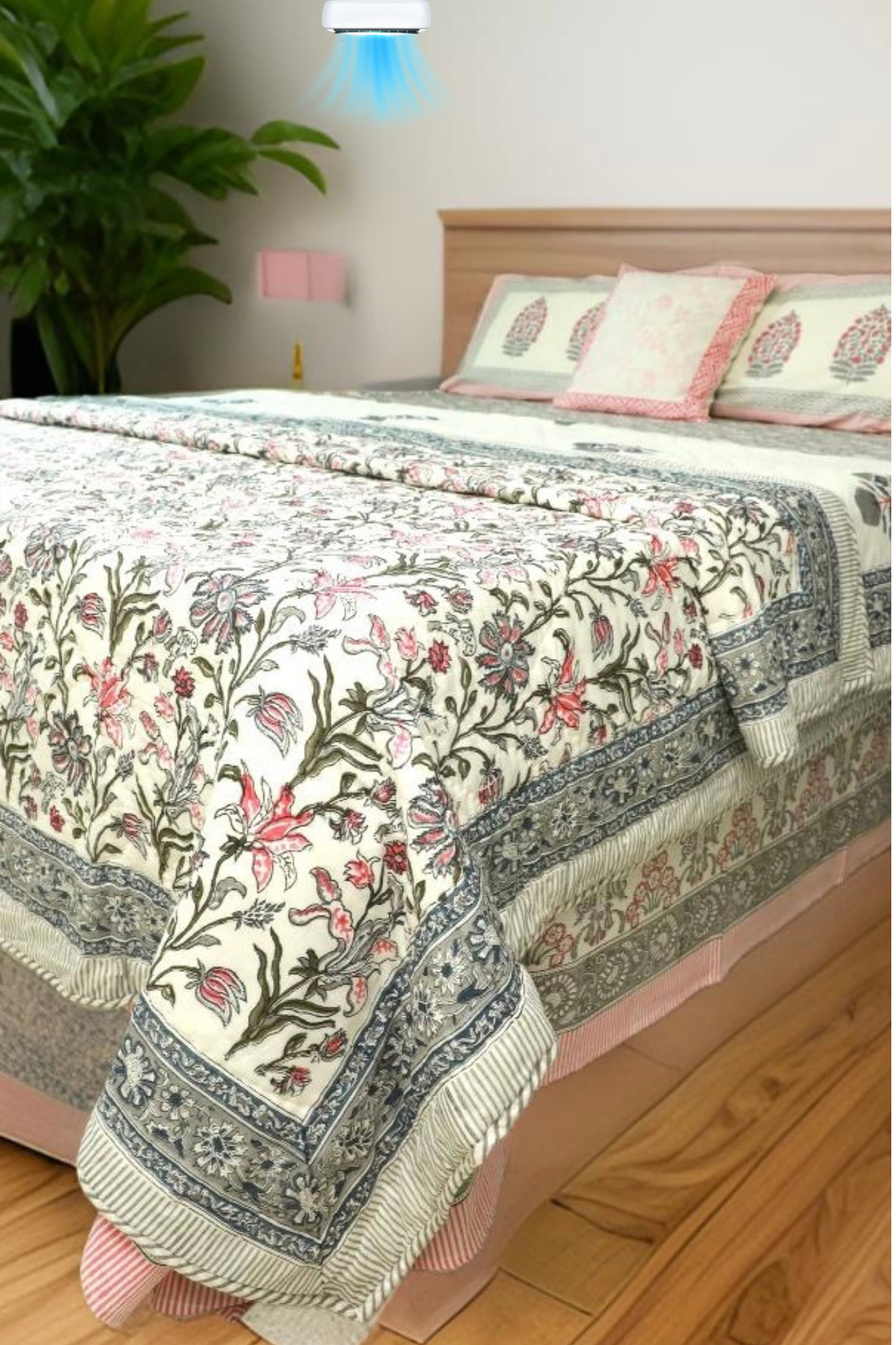 Artisan Touch (AC) Cotton Heritage Quilt/Duvet With Multicolour Flower Mesh Hand Block Print(Queen)