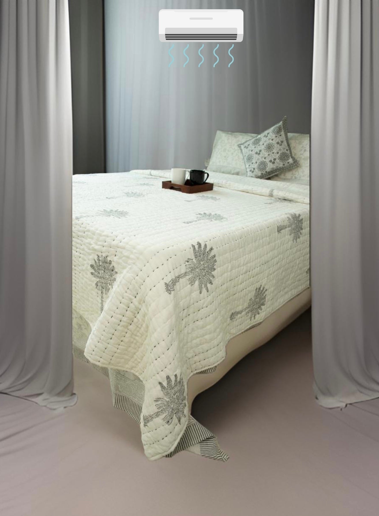 Palm Tree grey duvet / handcrafted  cotton quilt (Queen)