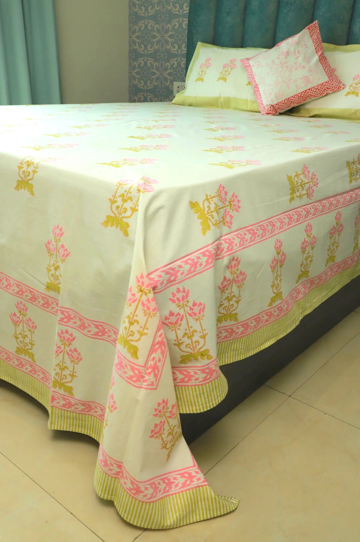 Pink & Green bouquet Bedsheet/Linen With Pink Yellow  Delicate  motif Hand Block Print  (Queen - 229cm*275cm)