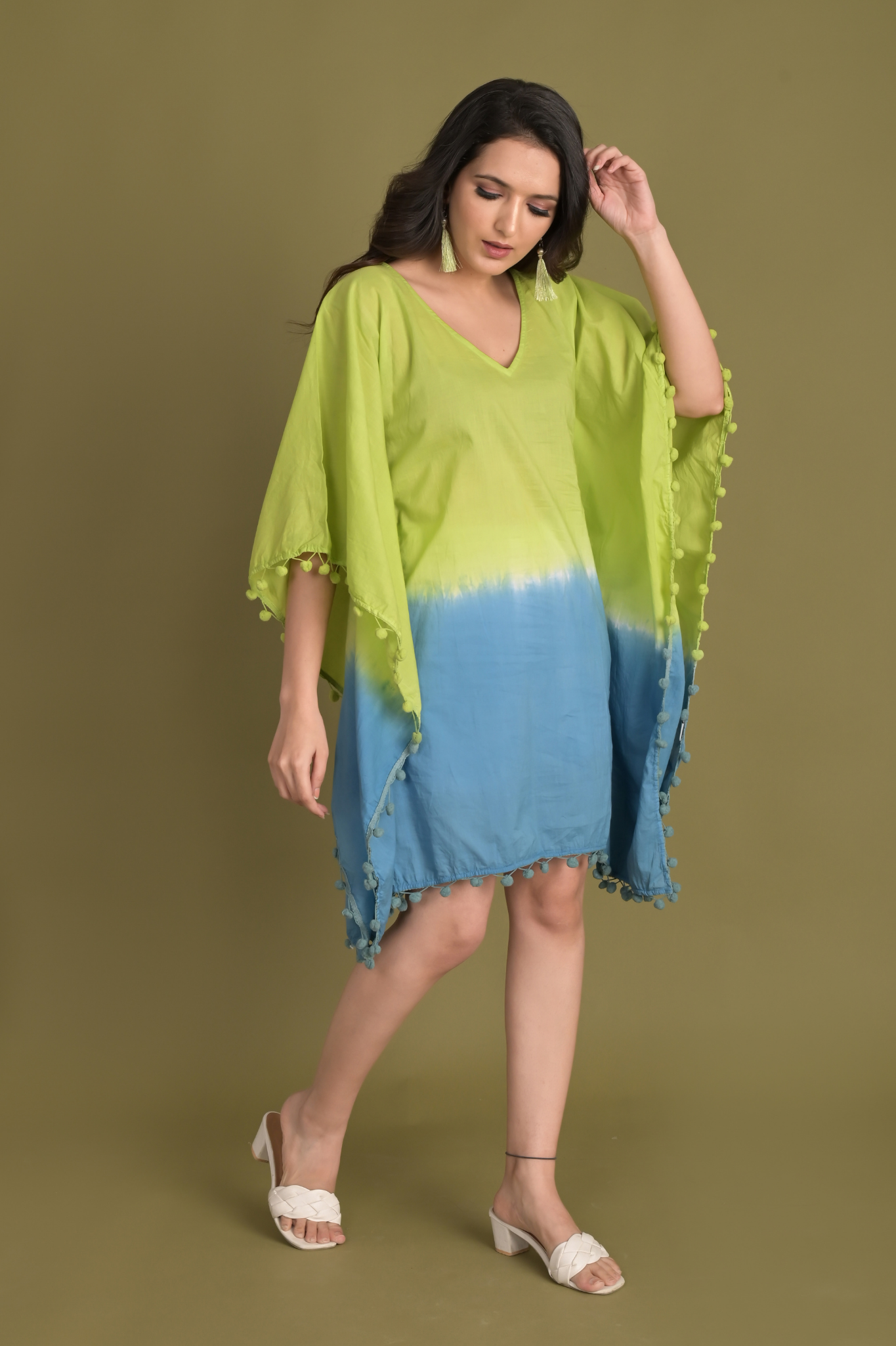 Tie-Dye Fusion Cotton Kaftan  Green & Blue - Women