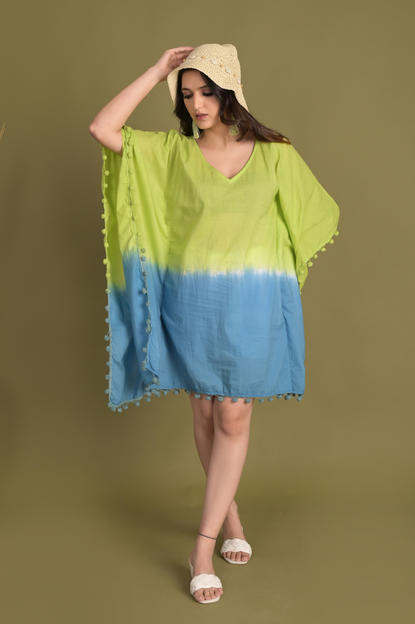 Tie-Dye Fusion Cotton Kaftan  Green & Blue - Women