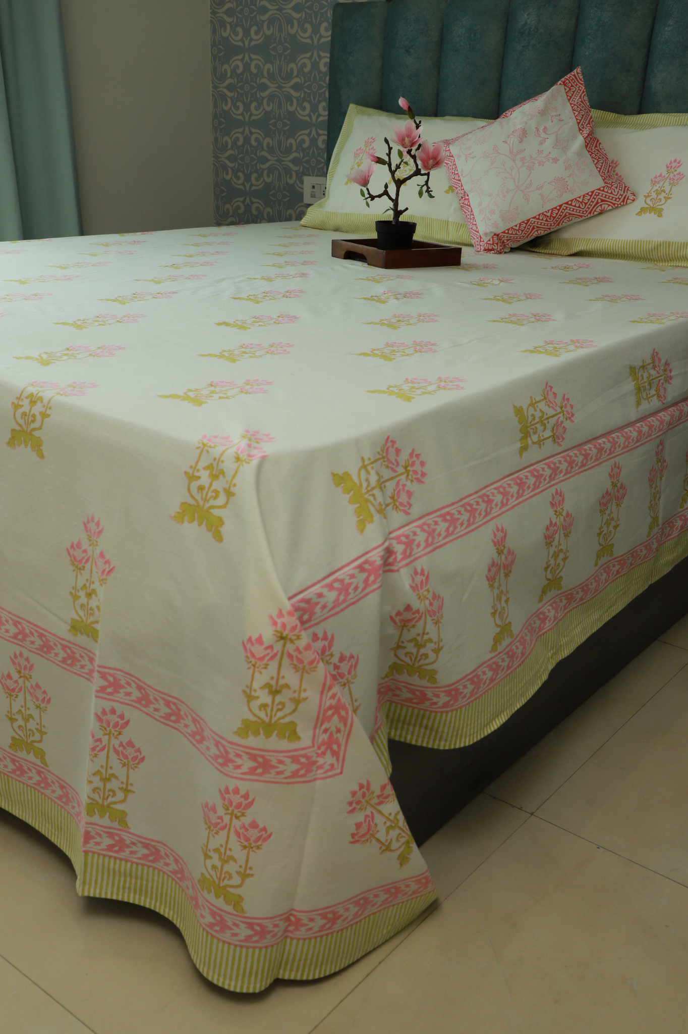 Pink & Green bouquet Bedsheet/Linen With Pink Yellow  Delicate  motif Hand Block Print  (Queen - 229cm*275cm)