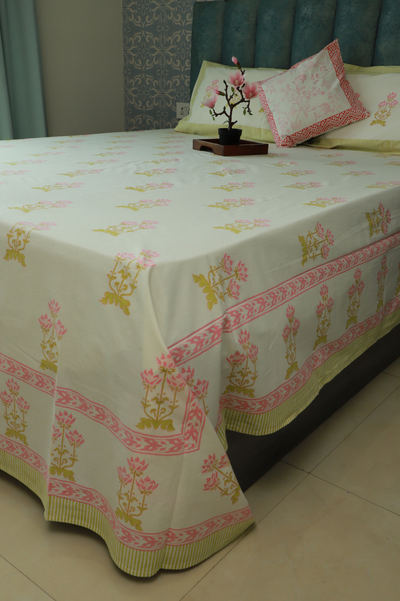 Eco Crafted Heritage Bedsheet/Linen With Pink Yellow  Delicate  motif Hand Block Print  (Queen - 229cm*275cm)