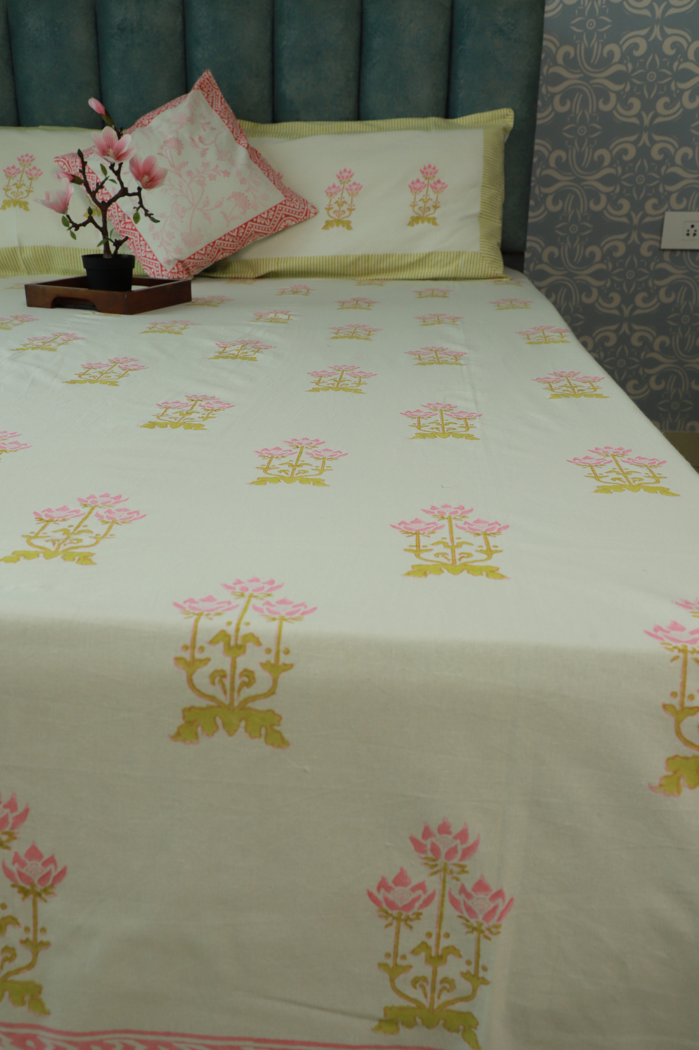 Eco Crafted Heritage Bedsheet/Linen With Pink Yellow  Delicate  motif Hand Block Print  (Queen - 229cm*275cm)