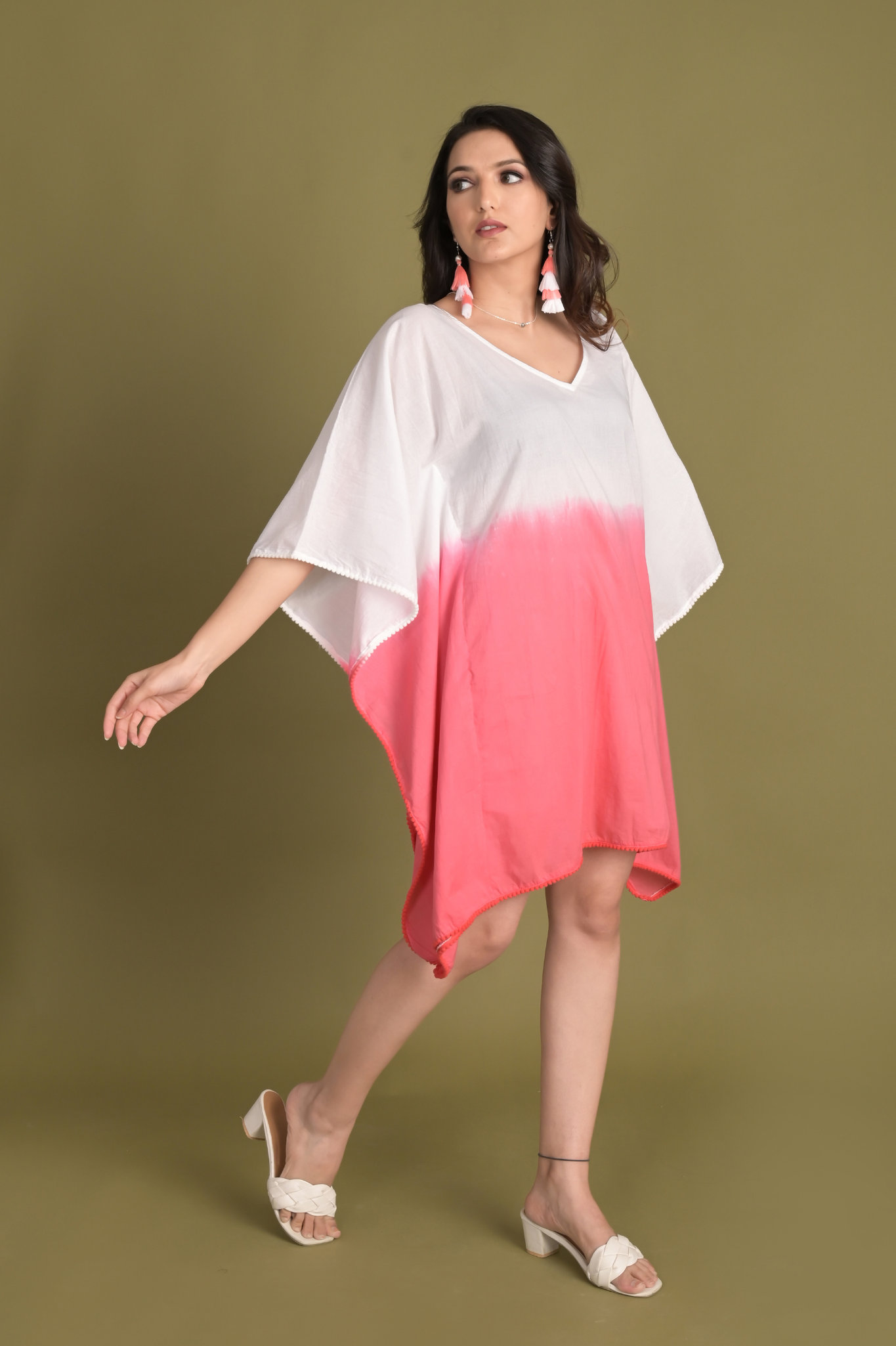 Tie-Dye Fusion Cotton Kaftan White & Pink - Women