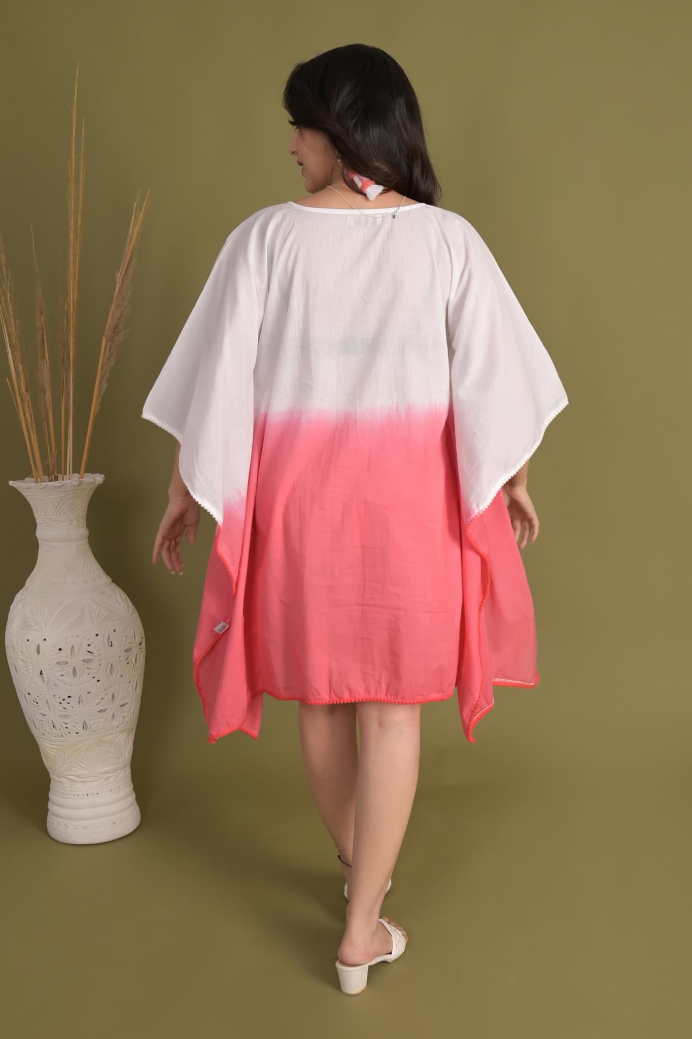 Tie-Dye Fusion Cotton Kaftan White & Pink - Women