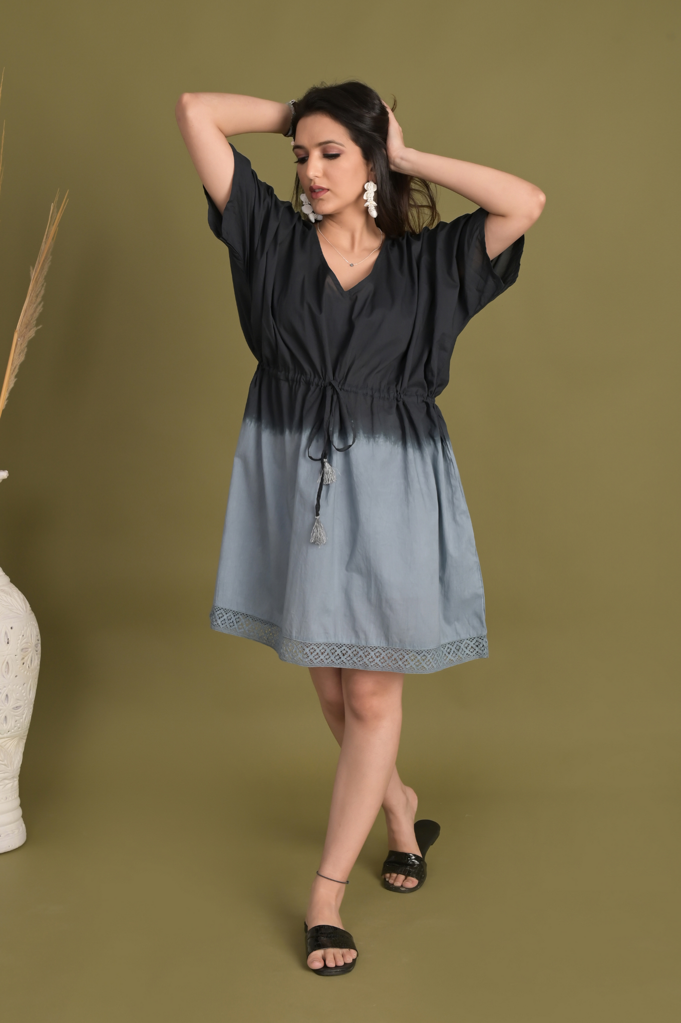 Tie-Dye Fusion Cotton Kaftan Black & Grey - Women