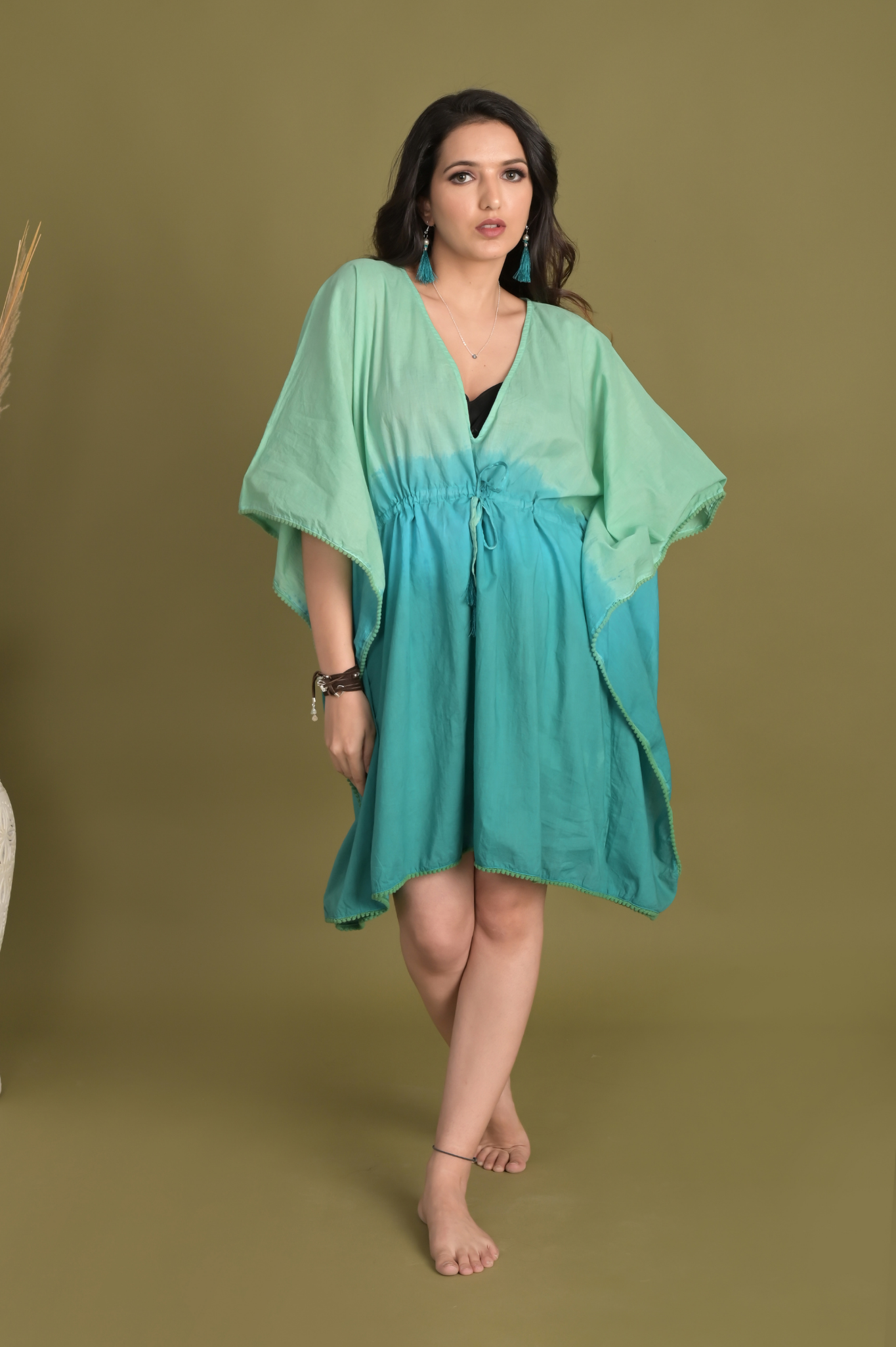 Tie-Dye Fusion Cotton Kaftan Green & Turquiose - Women