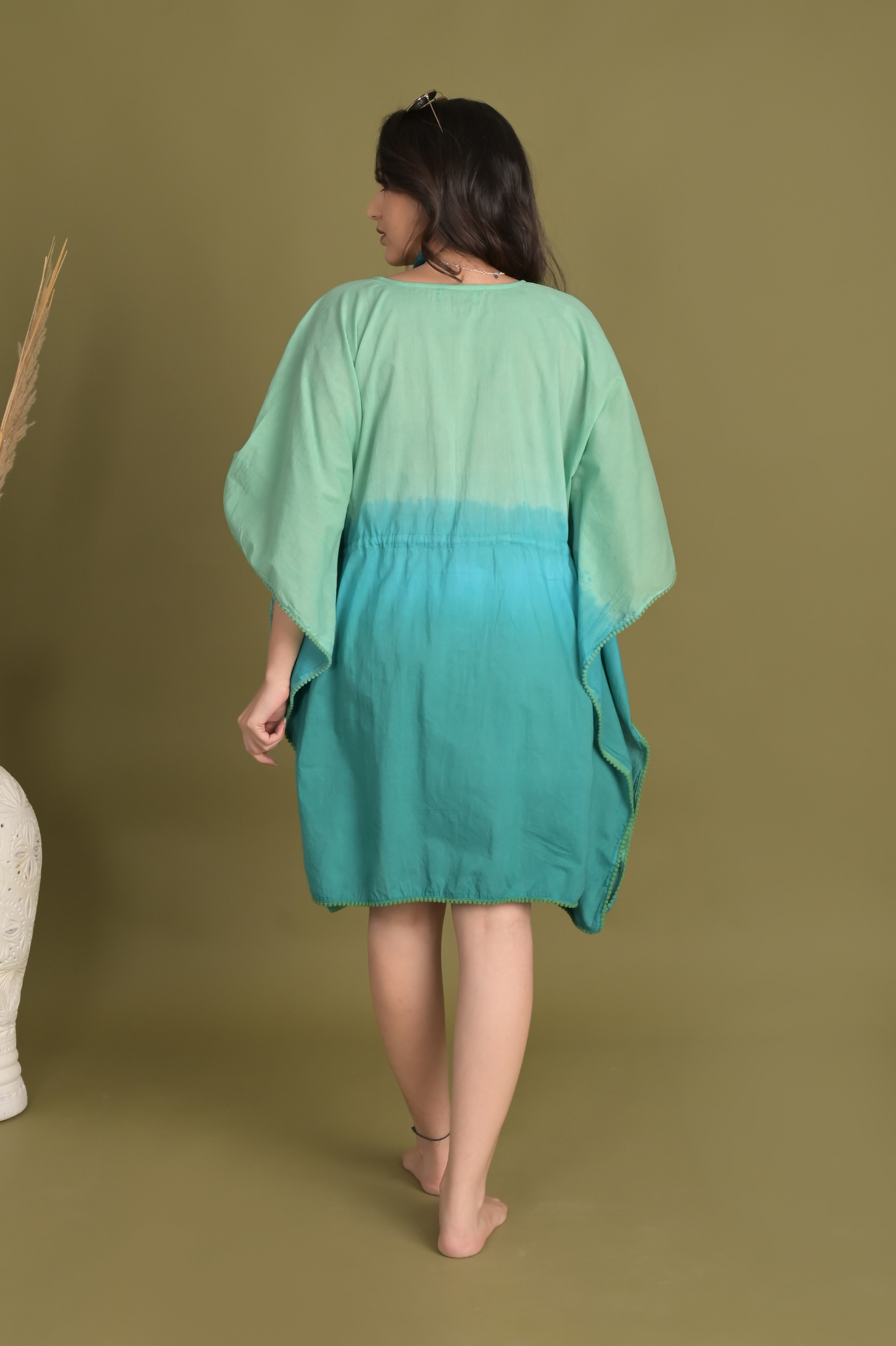 Tie-Dye Fusion Cotton Kaftan Green & Turquiose - Women