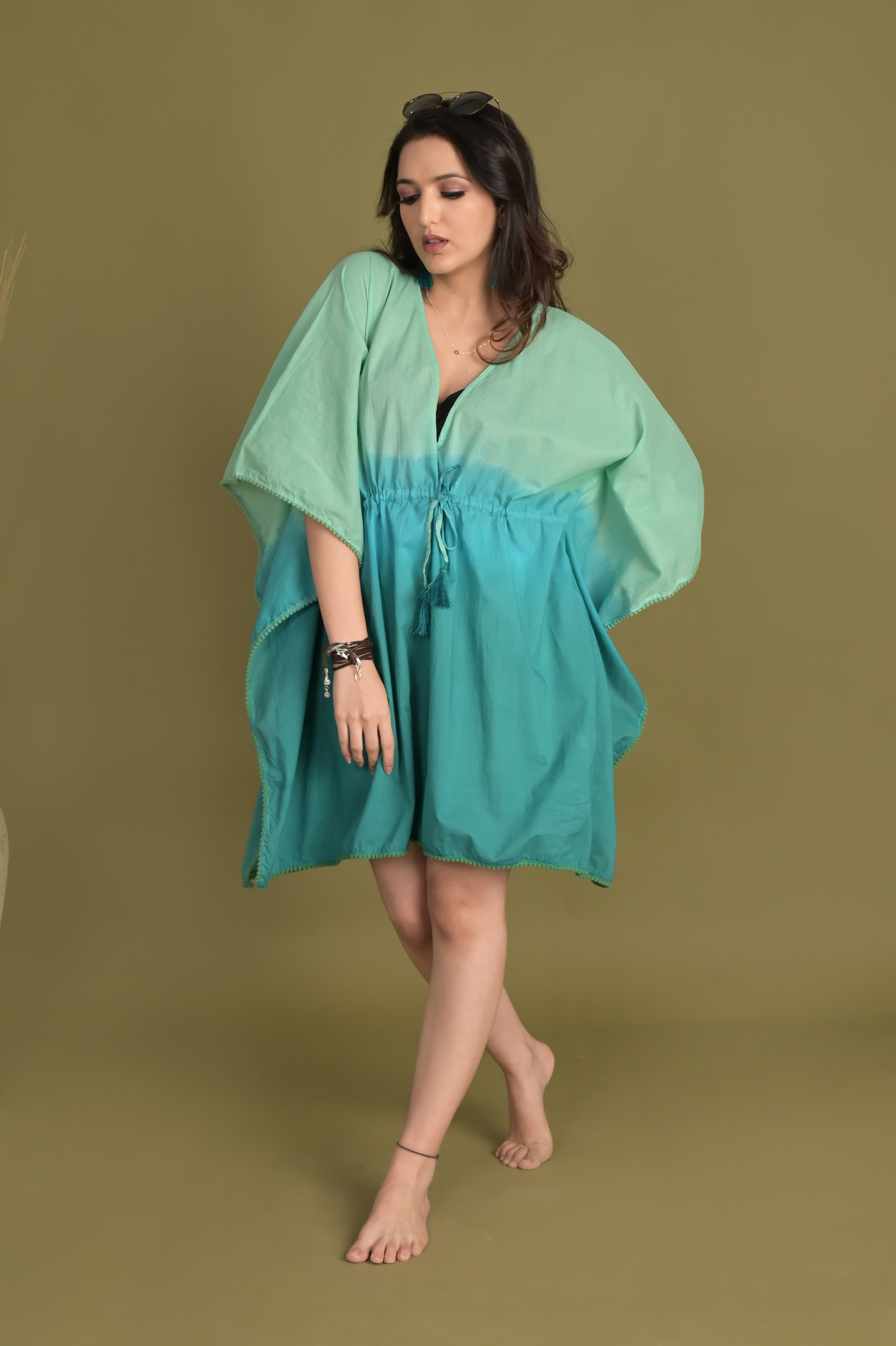 Tie-Dye Fusion Cotton Kaftan Green & Turquiose - Women