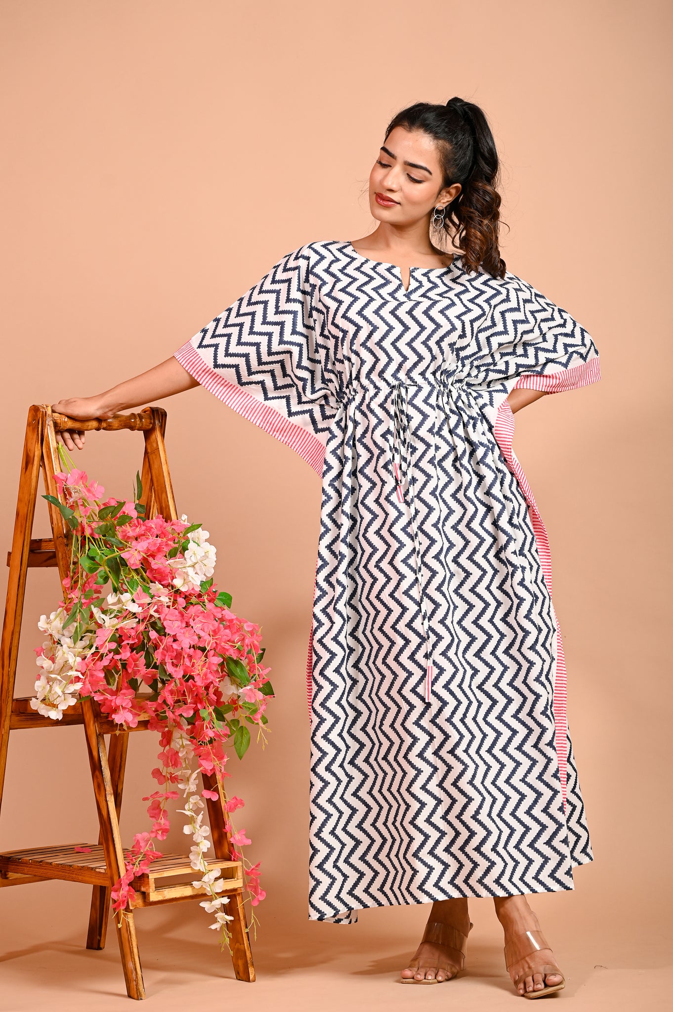 Blue zigzag with Pink Border Handcrafted long Cotton Kaftan / maxi / nighty