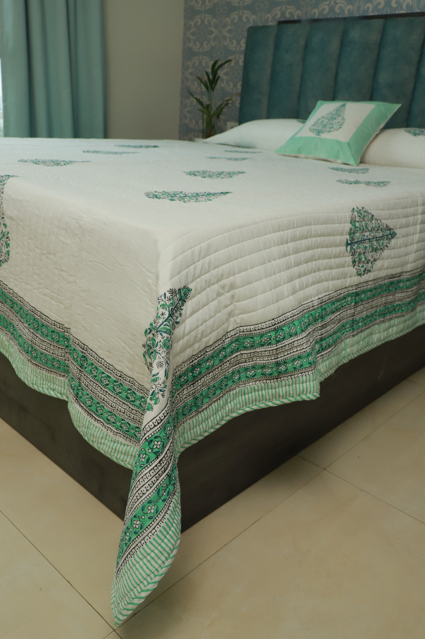 Green Oasis Symphony Reversible Comforter With Mughal Accents