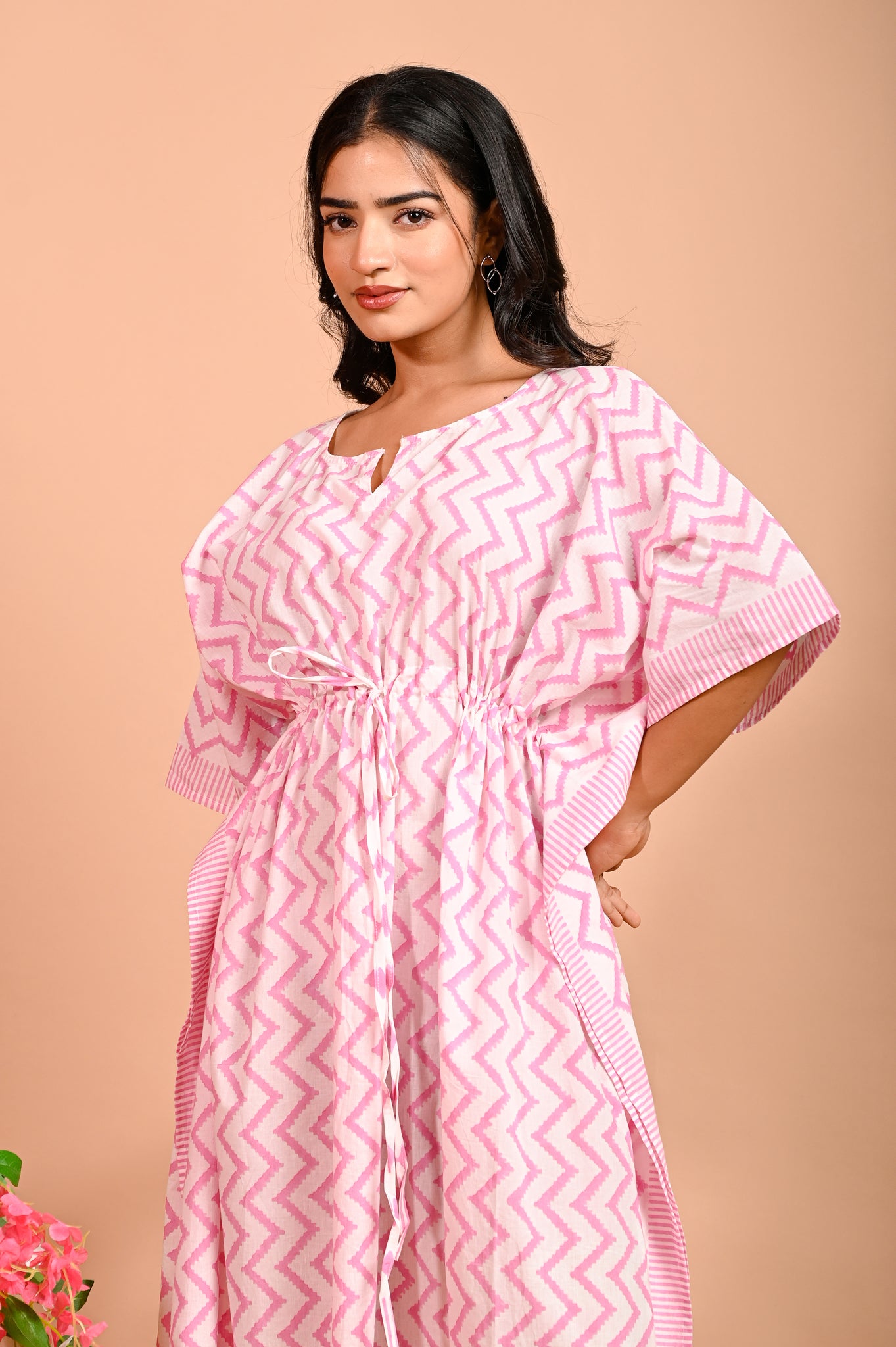 Pink Zigzag  Handcrafted Long Cotton Kaftan / maxi / nighty