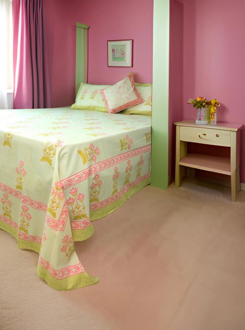 Pink & Green bouquet Bedsheet/Linen With Pink Yellow  Delicate  motif Hand Block Print  (Queen - 229cm*275cm)