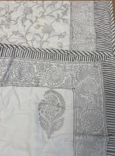 ARTISAN TOUCH (AC)COTTON HERITAGE QUILT / DUVET WITH GREY FLOWER VINE HAND BLOCK PRINT( QUEEN)