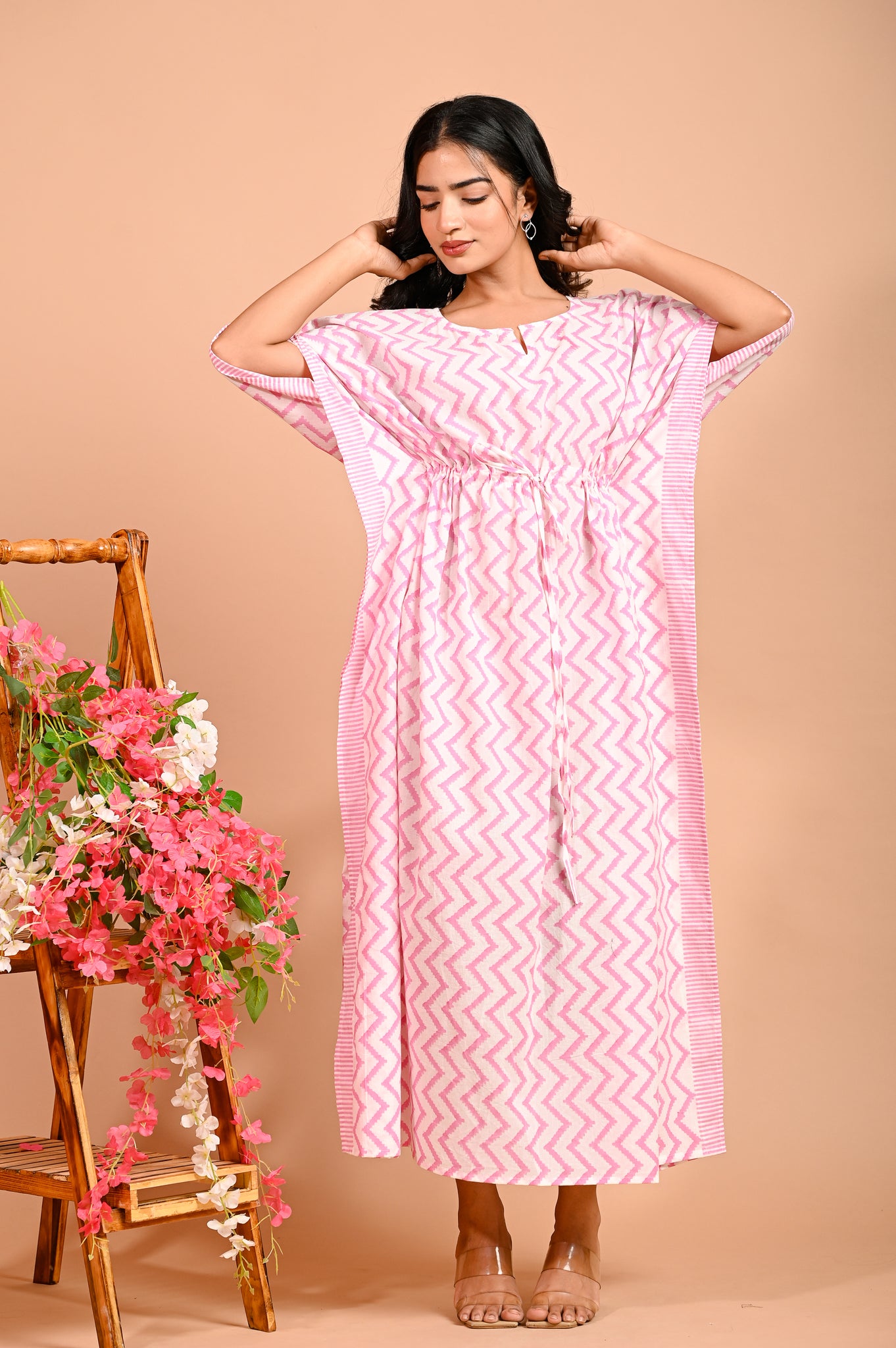 Pink Zigzag  Handcrafted Long Cotton Kaftan / maxi / nighty