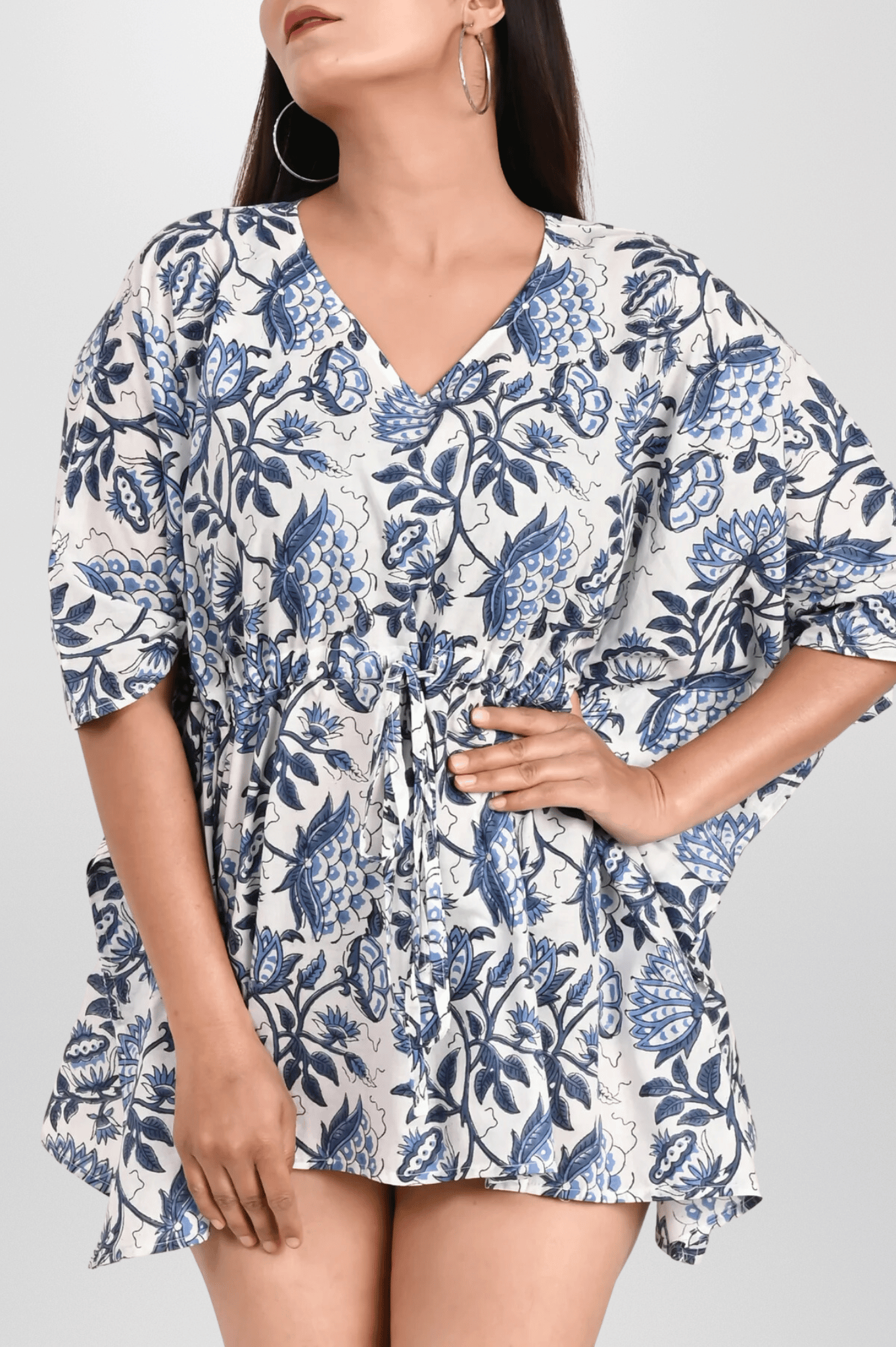 Navy Blue Floral Print Block Printed Kaftan - Women