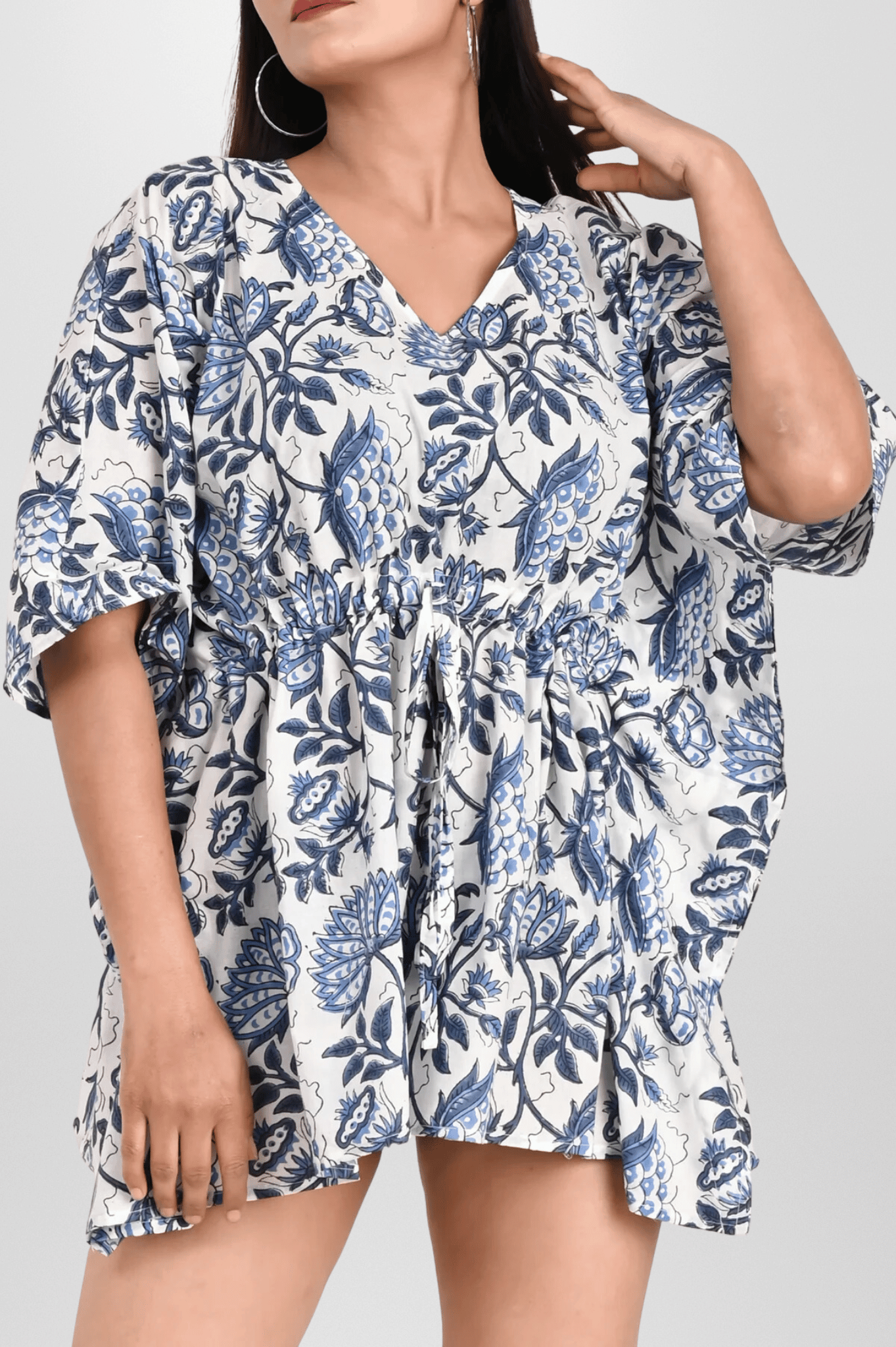 Navy Blue Floral Print Block Printed Kaftan - Women