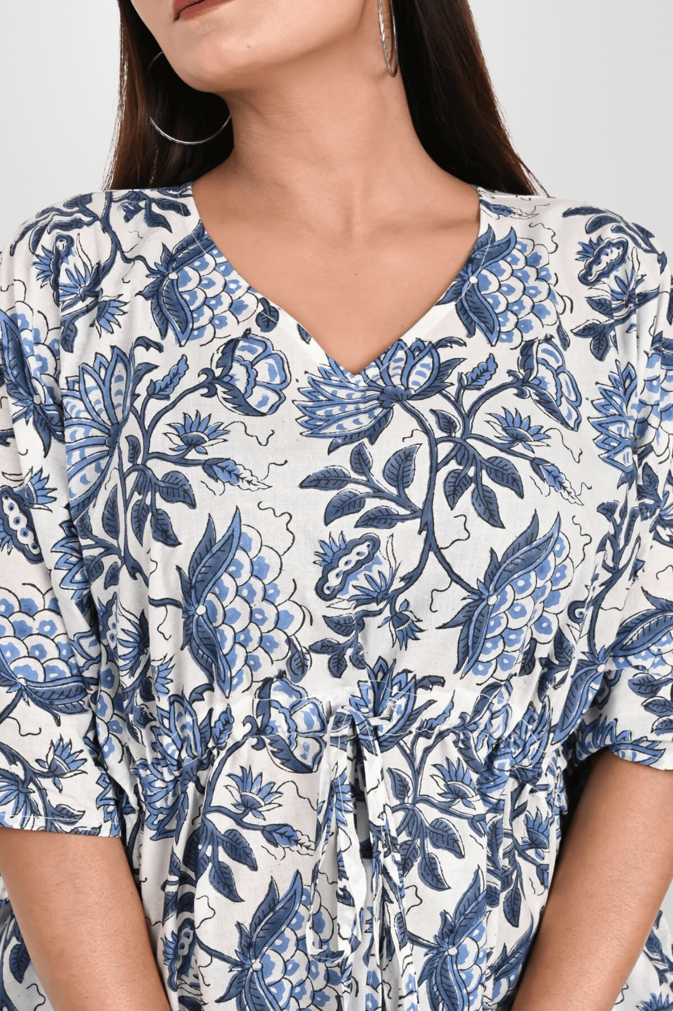 Navy Blue Floral Print Block Printed Kaftan - Women