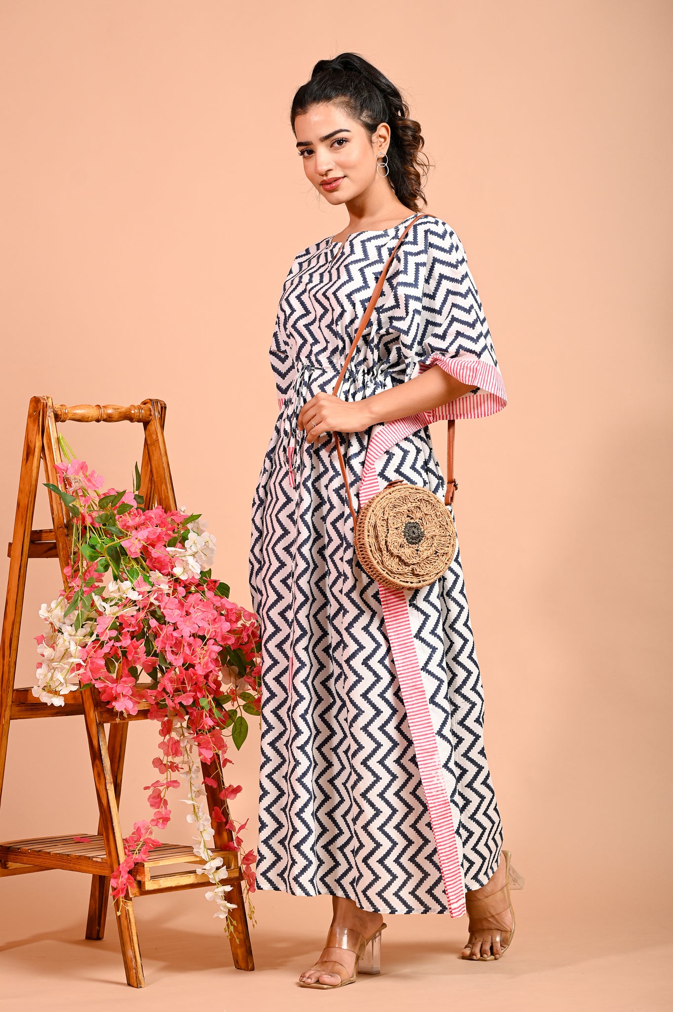 Blue zigzag with Pink Border Handcrafted long Cotton Kaftan / maxi / nighty