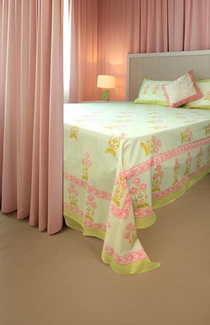 Eco Crafted Heritage Bedsheet/Linen With Pink Yellow  Delicate  motif Hand Block Print  (Queen - 229cm*275cm)