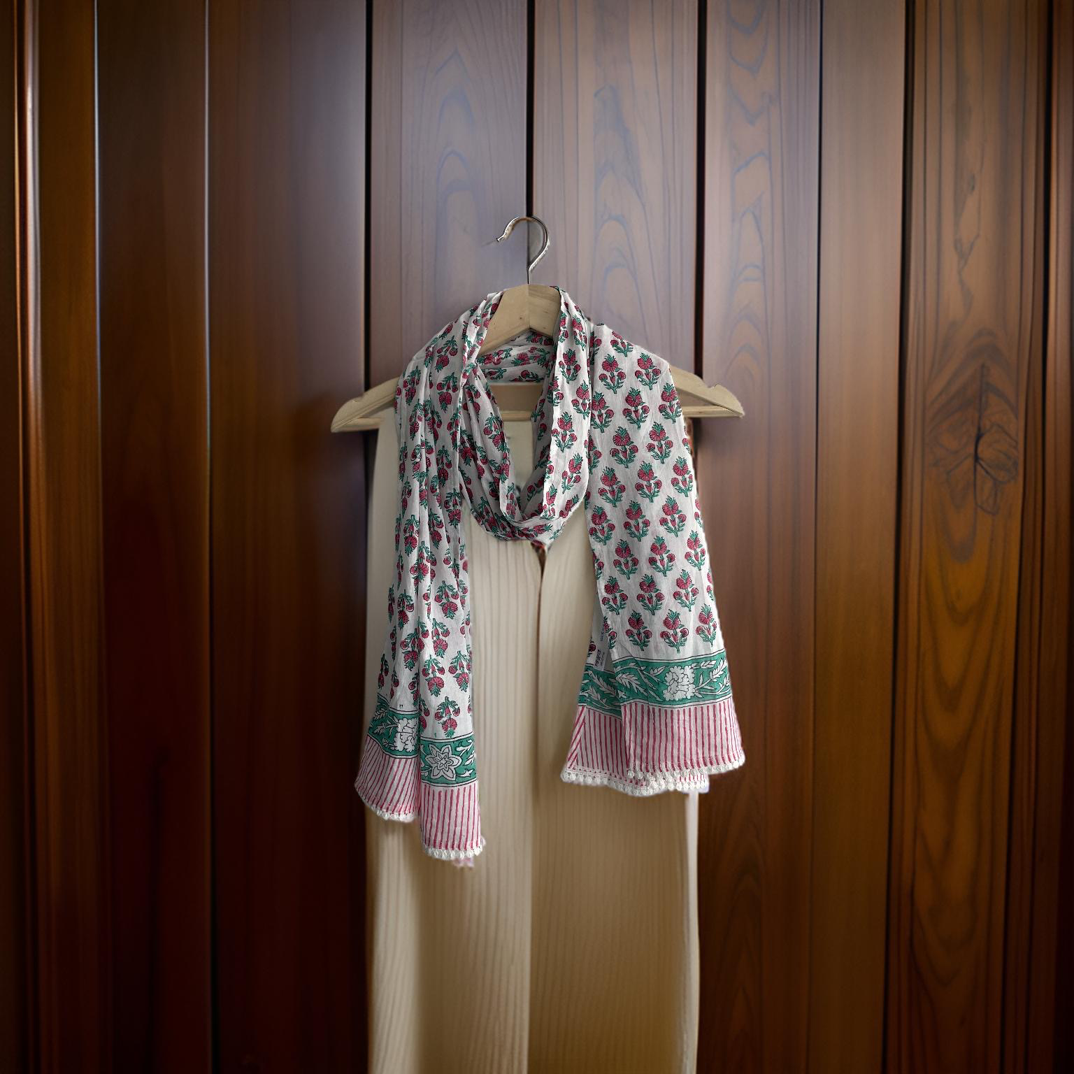 Salam Pink & Green Handcrafted Cotton Scarf / Stole