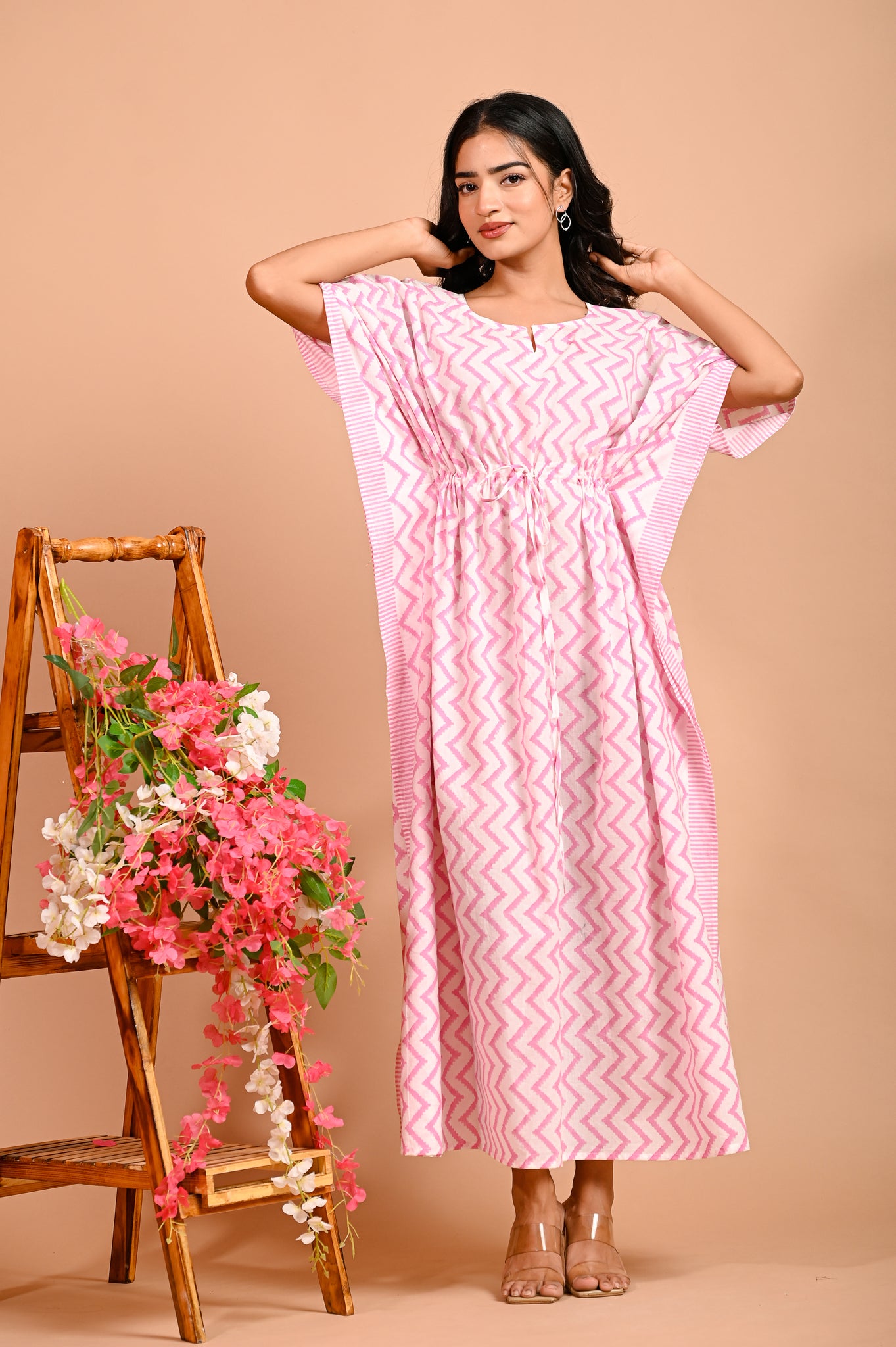 Pink Zigzag  Handcrafted Long Cotton Kaftan / maxi / nighty