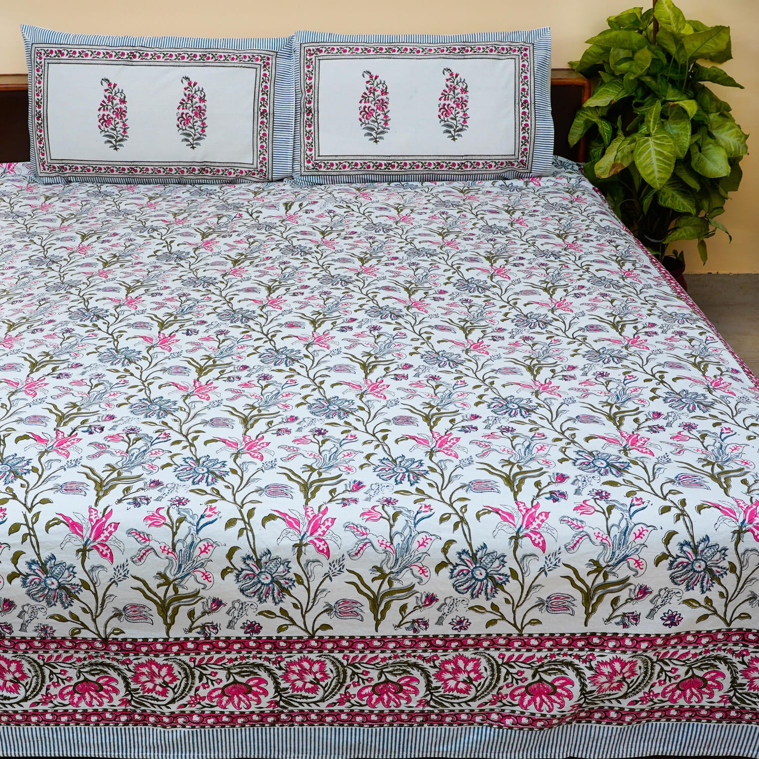 SCARLET WHISPERS HAND BLOCK PRINT LINEN/BEDSHEET WITH RED FLORALS & GREY VINES W/PILLOW COVER QUEEN SIZE - 229cm*275cm