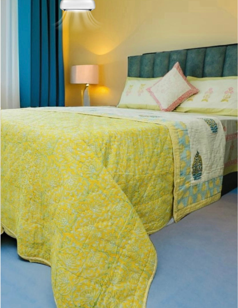 Arabic flower yellow duvet / handcrafted cotton quilt (king)