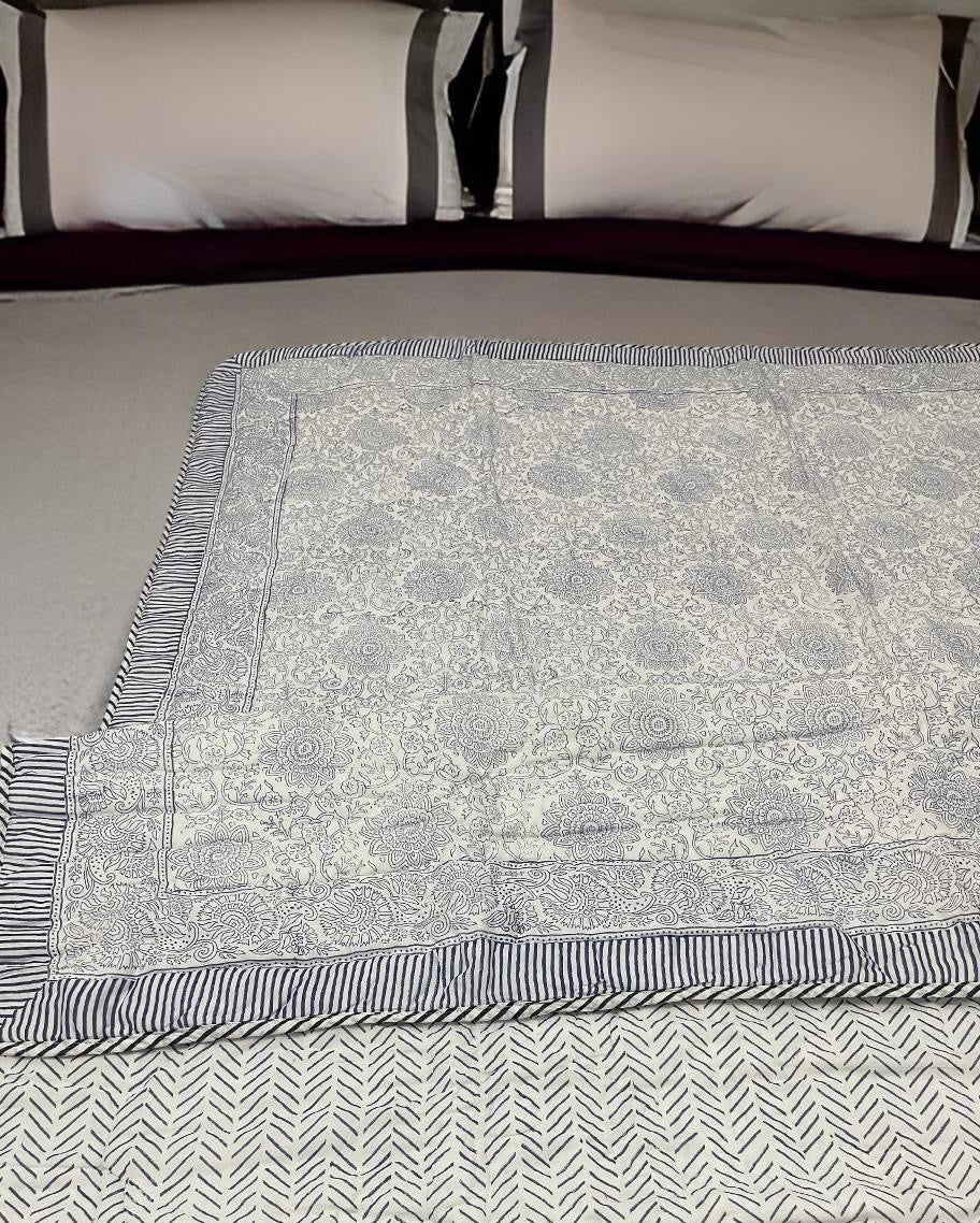 Artisan Touch Cotton Heritage Quilt/Duvet With Indigo Flower Hand Block Print (Queen)