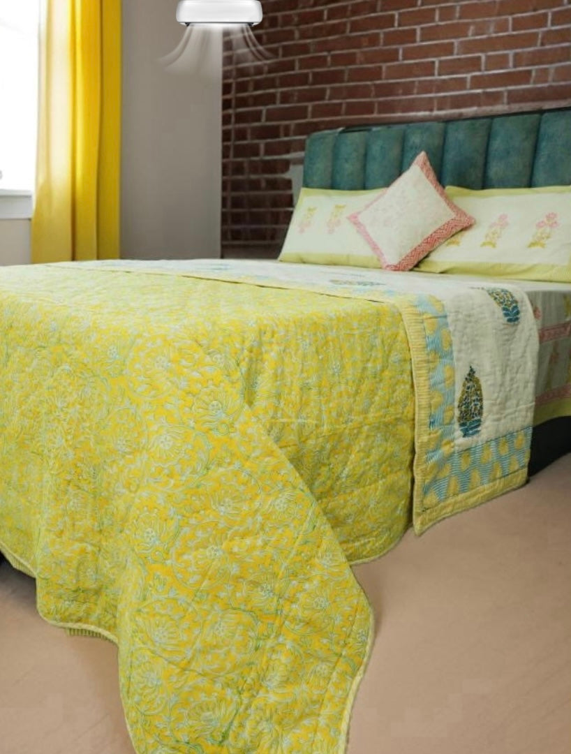 Arabic flower yellow duvet / handcrafted cotton quilt (king)