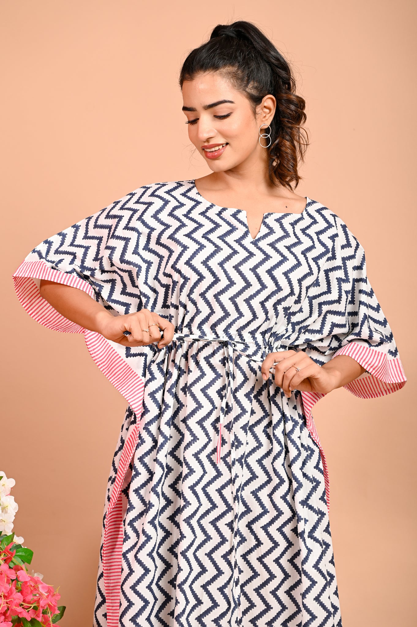 Blue zigzag with Pink Border Handcrafted long Cotton Kaftan / maxi / nighty