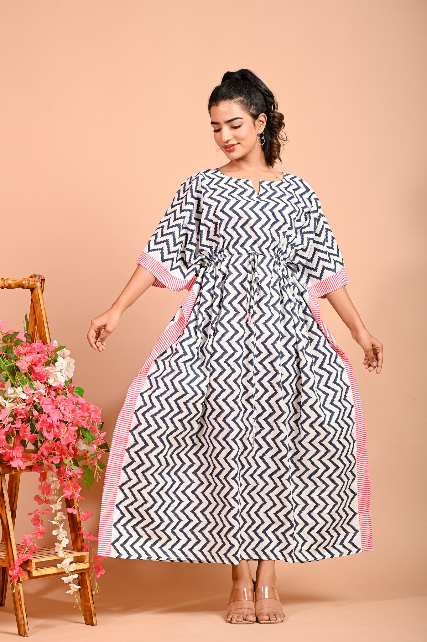 Blue zigzag with Pink Border Handcrafted long Cotton Kaftan / maxi / nighty