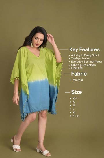 Tie-Dye Fusion Cotton Kaftan  Green & Blue - Women